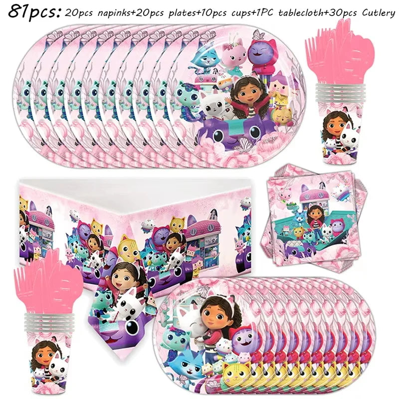 Gabby Dollhouse Birthday Decoration Kit Mix Gabby Birthday Napkins Cups Tablecloth Plates Gabby Cat Balloon Supplies Party Favor
