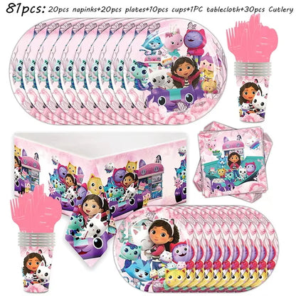 Gabby Dollhouse Birthday Decoration Kit Mix Gabby Birthday Napkins Cups Tablecloth Plates Gabby Cat Balloon Supplies Party Favor