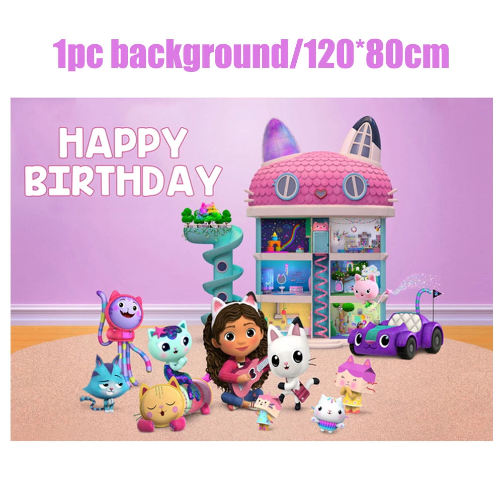 Gabby Dollhouse Birthday Decoration Kit Mix Gabby Birthday Napkins Cups Tablecloth Plates Gabby Cat Balloon Supplies Party Favor