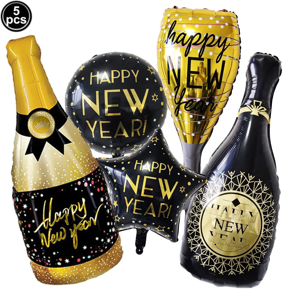 2026 New Years Eve Decoration Happy New Years Star Champagne Cups Wine Bottle Foil Balloons Happy New Years Eve Party Supplies