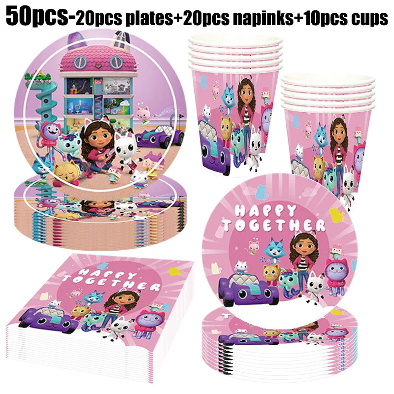 Gabby Dollhouse Birthday Decoration Kit Mix Gabby Birthday Napkins Cups Tablecloth Plates Gabby Cat Balloon Supplies Party Favor