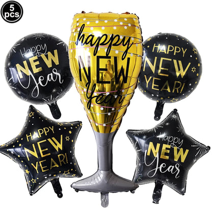 2026 New Years Eve Decoration Happy New Years Star Champagne Cups Wine Bottle Foil Balloons Happy New Years Eve Party Supplies
