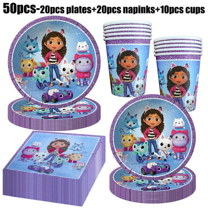 Gabby Dollhouse Birthday Decoration Kit Mix Gabby Birthday Napkins Cups Tablecloth Plates Gabby Cat Balloon Supplies Party Favor