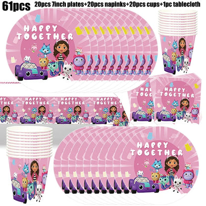 Gabby Dollhouse Birthday Decoration Kit Mix Gabby Birthday Napkins Cups Tablecloth Plates Gabby Cat Balloon Supplies Party Favor