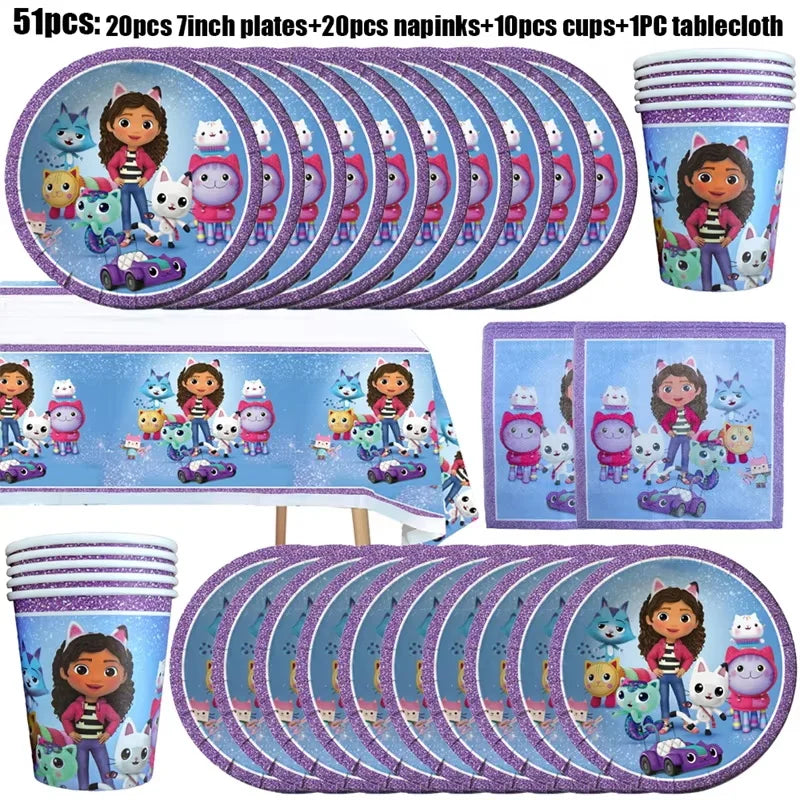 Gabby Dollhouse Birthday Decoration Kit Mix Gabby Birthday Napkins Cups Tablecloth Plates Gabby Cat Balloon Supplies Party Favor