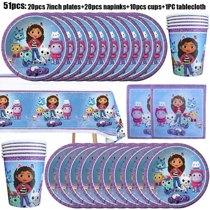 Gabby Dollhouse Birthday Decoration Kit Mix Gabby Birthday Napkins Cups Tablecloth Plates Gabby Cat Balloon Supplies Party Favor