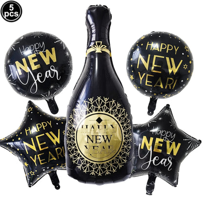 2026 New Years Eve Decoration Happy New Years Star Champagne Cups Wine Bottle Foil Balloons Happy New Years Eve Party Supplies