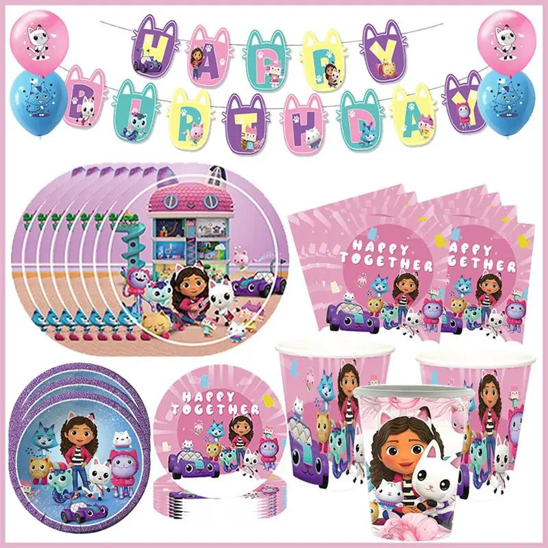 Gabby Dollhouse Birthday Decoration Kit Mix Gabby Birthday Napkins Cups Tablecloth Plates Gabby Cat Balloon Supplies Party Favor