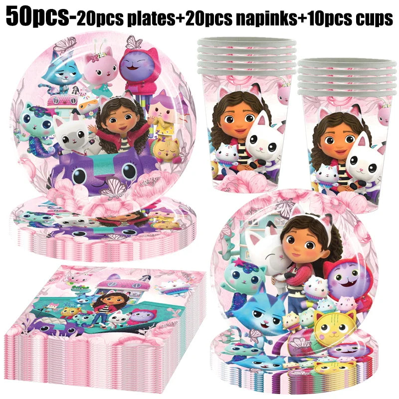 Gabby Dollhouse Birthday Decoration Kit Mix Gabby Birthday Napkins Cups Tablecloth Plates Gabby Cat Balloon Supplies Party Favor