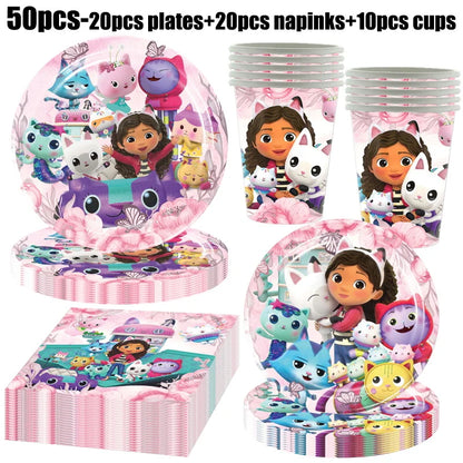 Gabby Dollhouse Birthday Decoration Kit Mix Gabby Birthday Napkins Cups Tablecloth Plates Gabby Cat Balloon Supplies Party Favor
