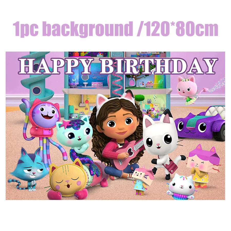 Gabby Dollhouse Birthday Decoration Kit Mix Gabby Birthday Napkins Cups Tablecloth Plates Gabby Cat Balloon Supplies Party Favor