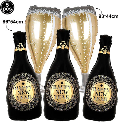 2026 New Years Eve Decoration Happy New Years Star Champagne Cups Wine Bottle Foil Balloons Happy New Years Eve Party Supplies