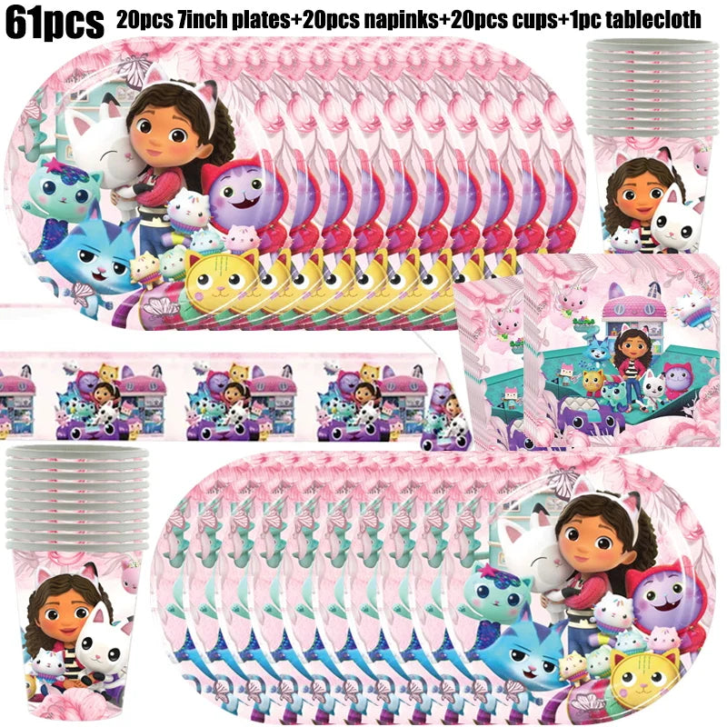 Gabby Dollhouse Birthday Decoration Kit Mix Gabby Birthday Napkins Cups Tablecloth Plates Gabby Cat Balloon Supplies Party Favor