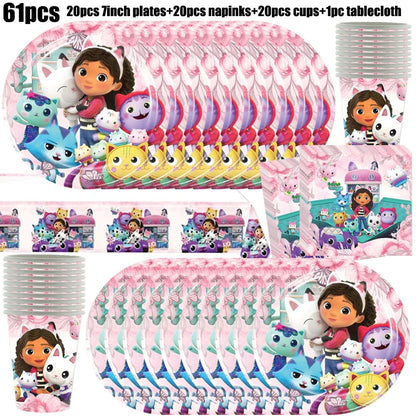 Gabby Dollhouse Birthday Decoration Kit Mix Gabby Birthday Napkins Cups Tablecloth Plates Gabby Cat Balloon Supplies Party Favor